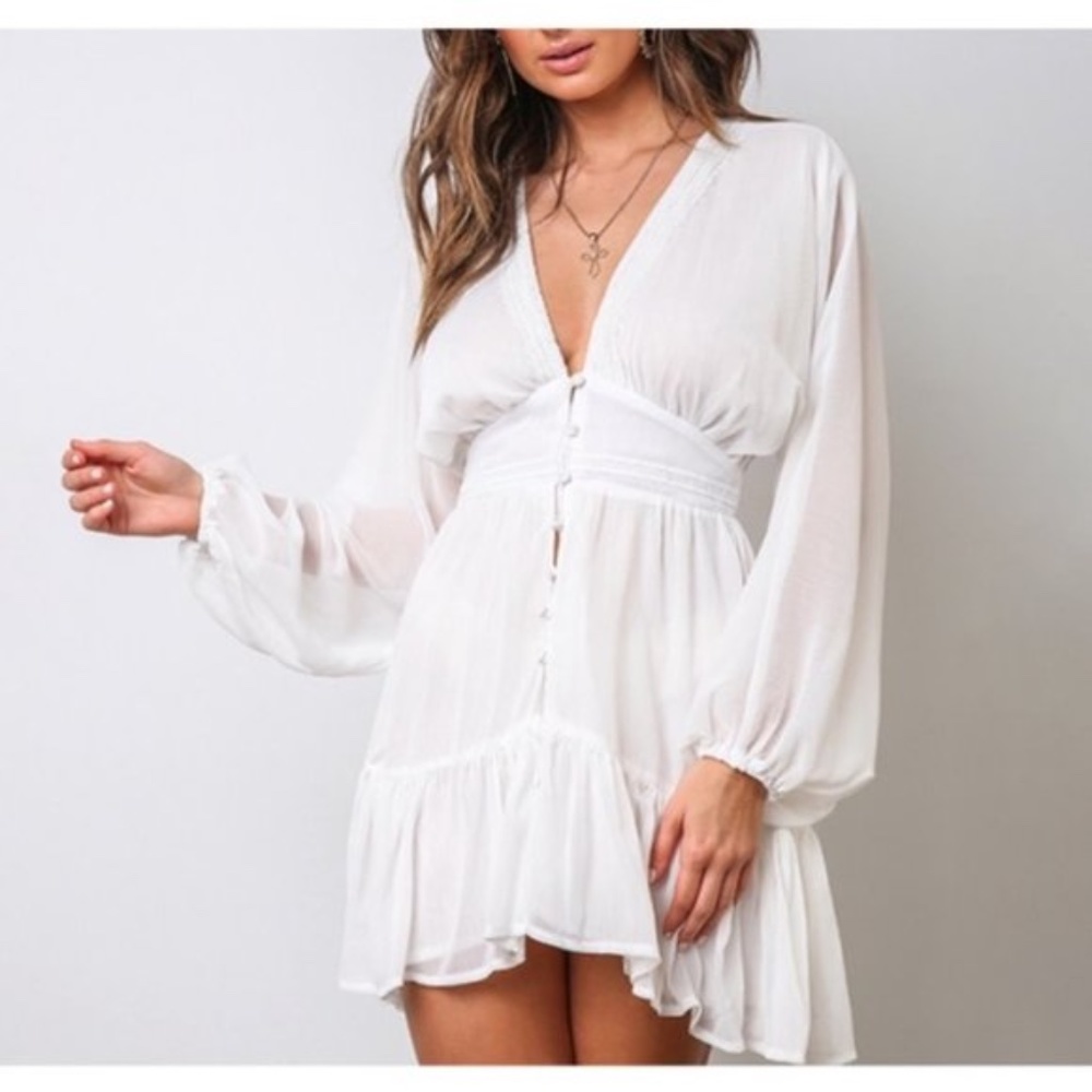 Boho V Neck Button Up Ruffle Hem Beach Dress - Picture 4 of 5